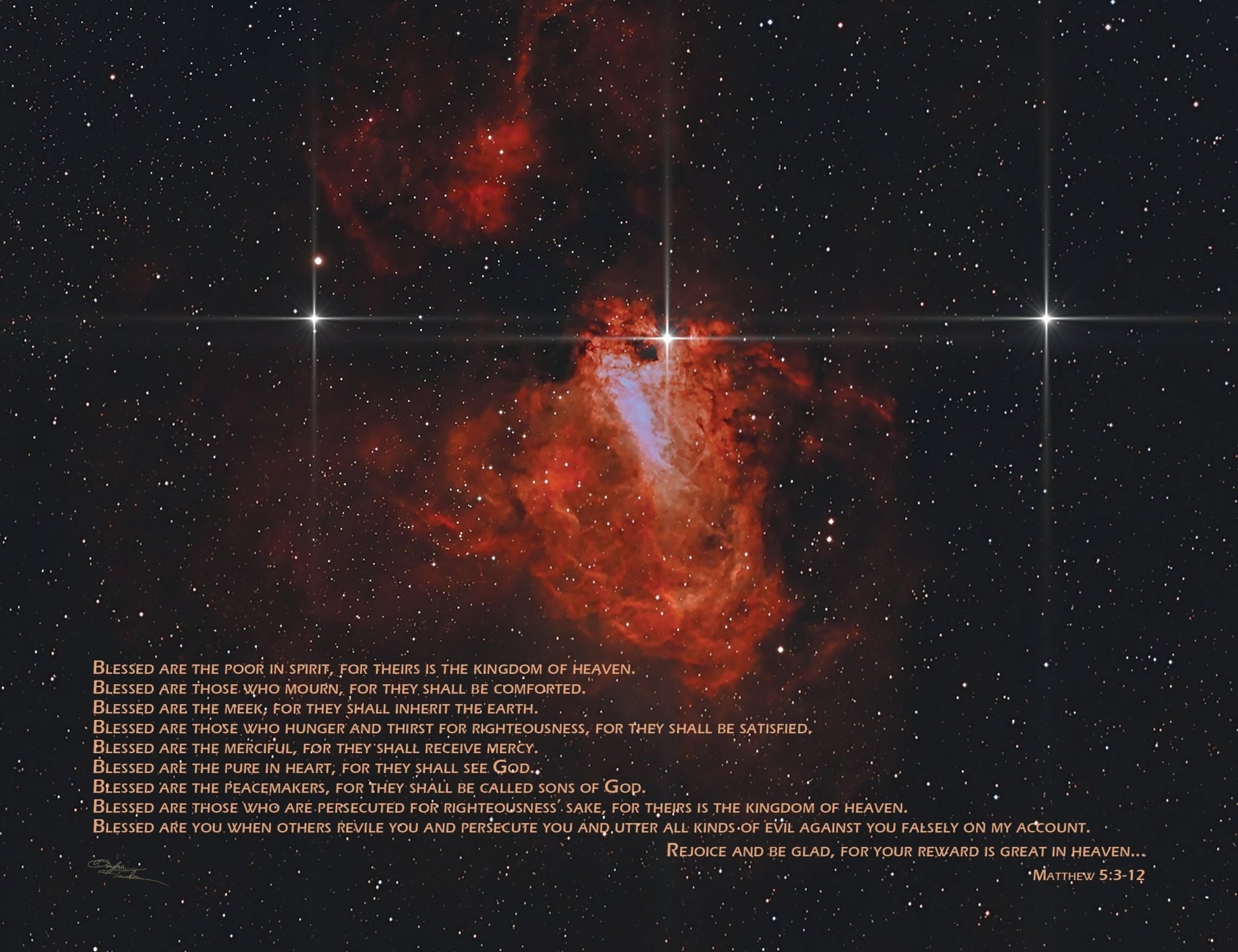 Omega Nebula M17 with Beatitudes - 24"x18" Canvas Print - Where God Guides
